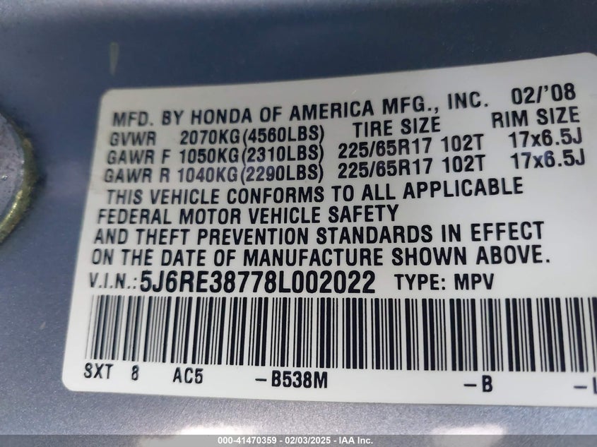 2008 HONDA CR-V VIN: 5J6RE38778L002022