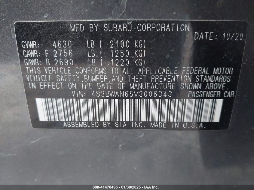 2021 Subaru Legacy Limited VIN: 4S3BWAN65M3006343 Lot: 41470495