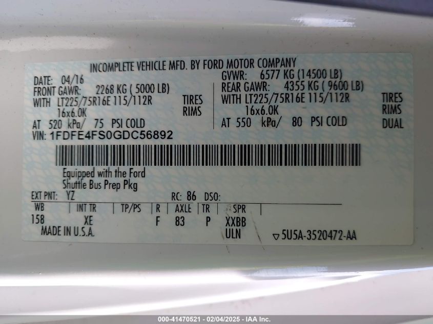 2016 Ford E-450 Cutaway VIN: 1FDFE4FS0GDC56892 Lot: 41470521