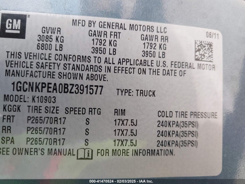 2011 CHEVROLET SILVERADO VIN: 1GCNKPEA0BZ391577