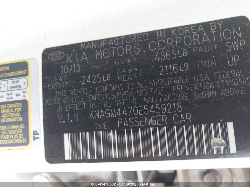 2014 KIA OPTIMA VIN: KNAGM4A70E5459218