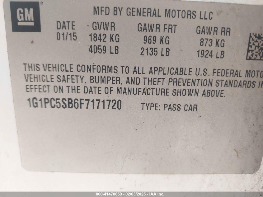 2015 CHEVROLET CRUZE VIN: 1G1PC5SB6F7171720
