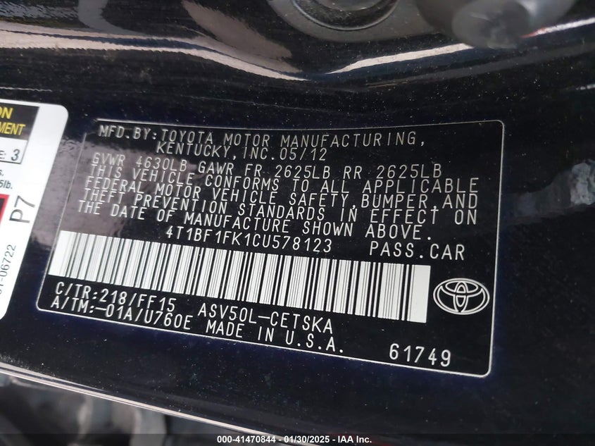 2012 TOYOTA CAMRY VIN: 4T1BF1FK1CU578123