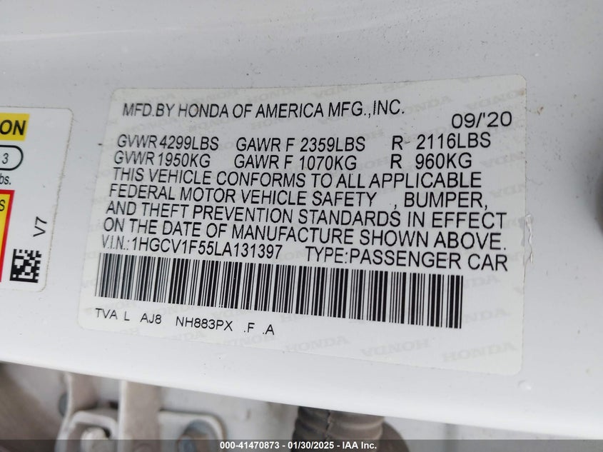 2020 HONDA ACCORD VIN: 1HGCV1F55LA131397