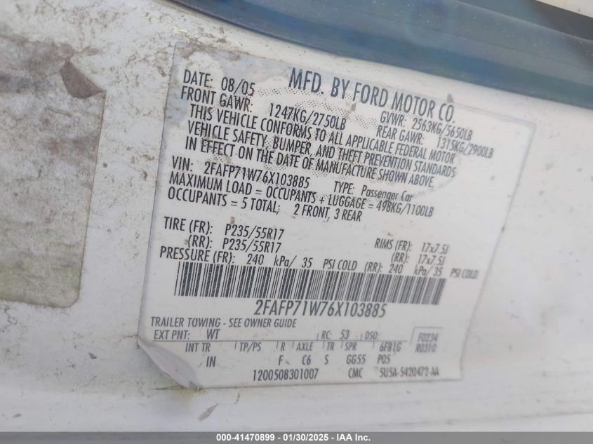 2006 Ford Crown Victoria Police/Police Interceptor VIN: 2FAFP71W76X103885 Lot: 41470899