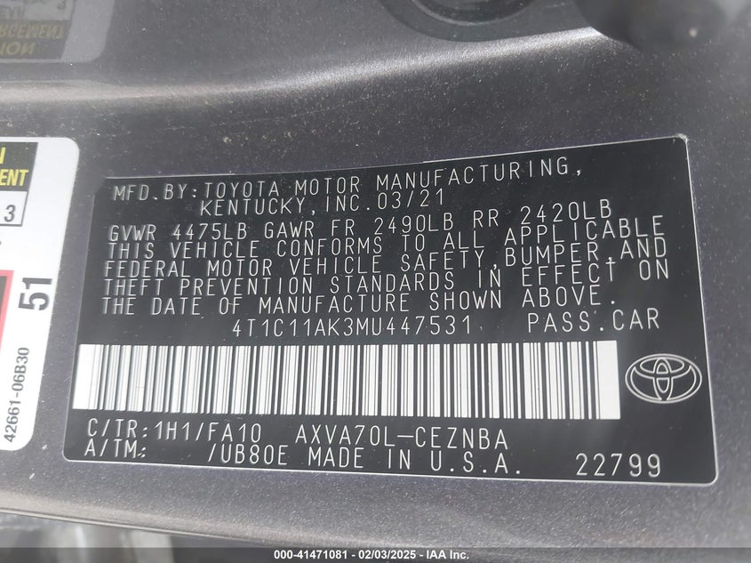 2021 TOYOTA CAMRY VIN: 4T1C11AK3MU447531