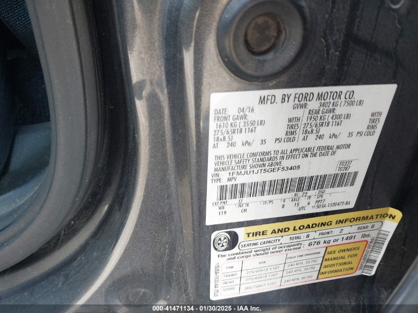 2016 Ford Expedition Xlt VIN: 1FMJU1JT5GEF53405 Lot: 41471134