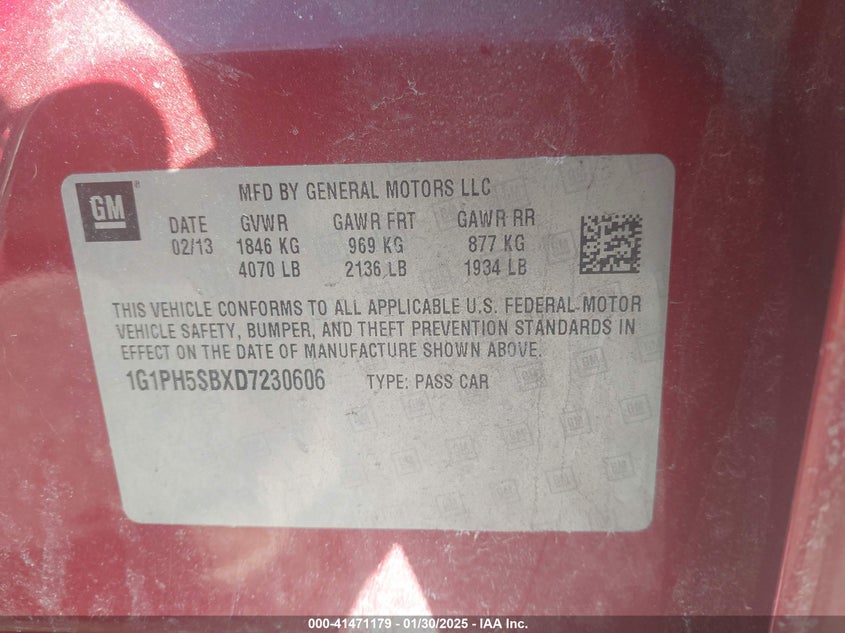 2013 CHEVROLET CRUZE VIN: 1G1PH5SBXD7230606