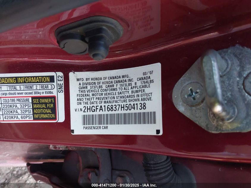 2007 Honda Civic Ex VIN: 2HGFA16837H504138 Lot: 41471200