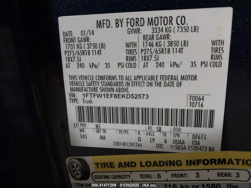 2014 FORD F-150 VIN: 1FTFW1EF8EKD52573