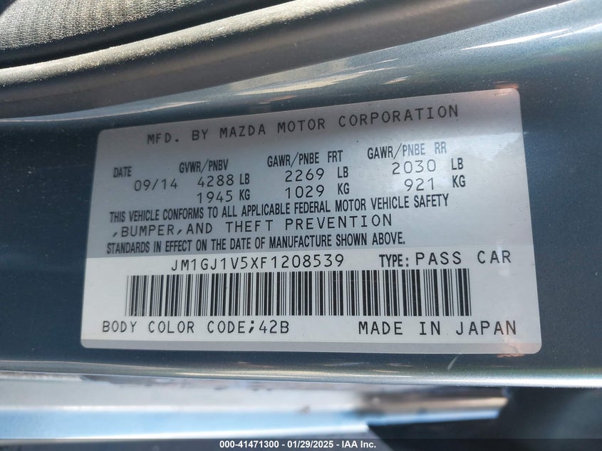 2015 MAZDA MAZDA6 VIN: JM1GJ1V5XF1208539