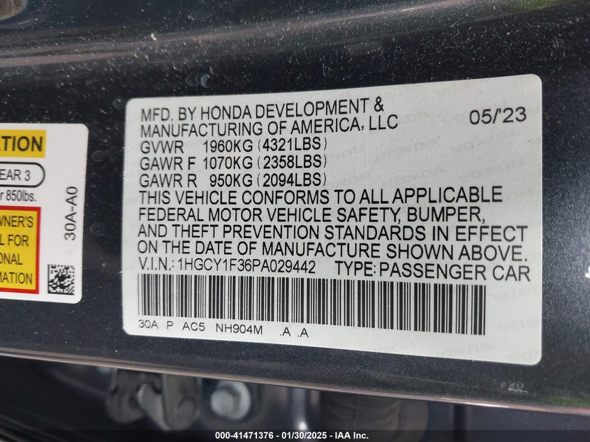 2023 HONDA ACCORD VIN: 1HGCY1F36PA029442