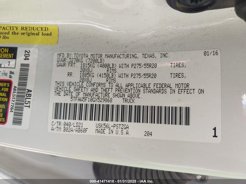 2016 TOYOTA TUNDRA VIN: 5TFAW5F10GX529868