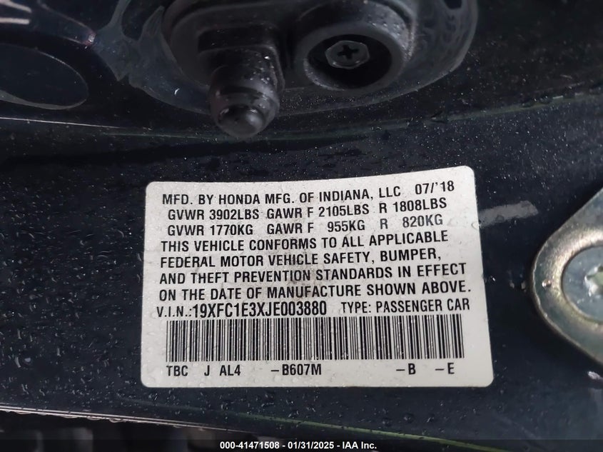 2018 HONDA CIVIC VIN: 19XFC1E3XJE003880