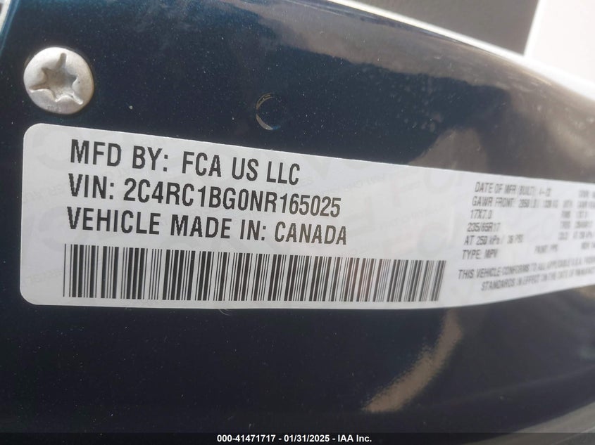 2022 CHRYSLER PACIFICA VIN: 2C4RC1BG0NR165025