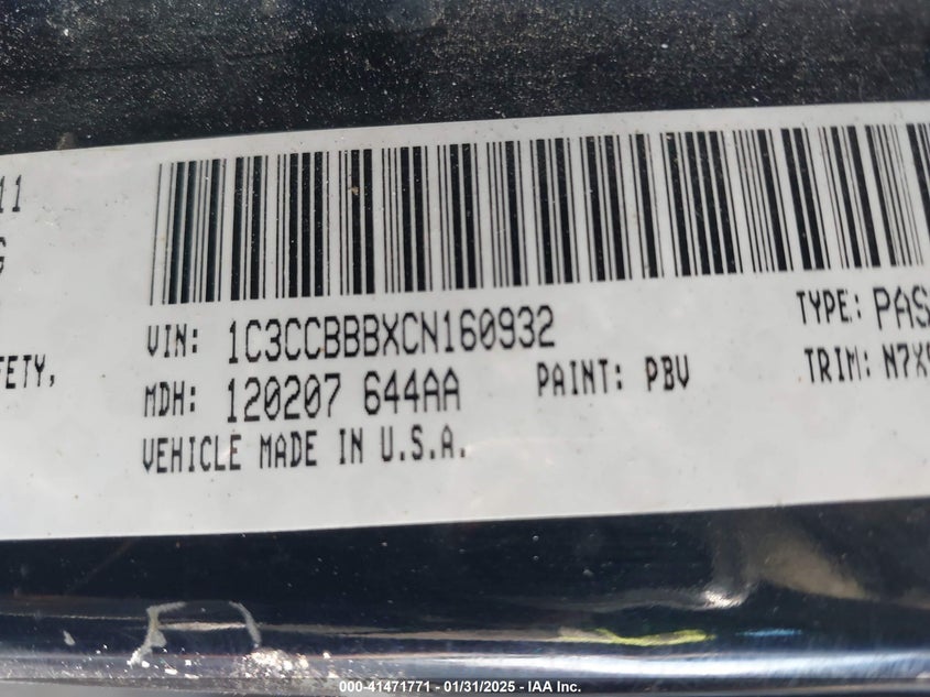 2012 CHRYSLER 200 VIN: 1C3CCBBBXCN160932
