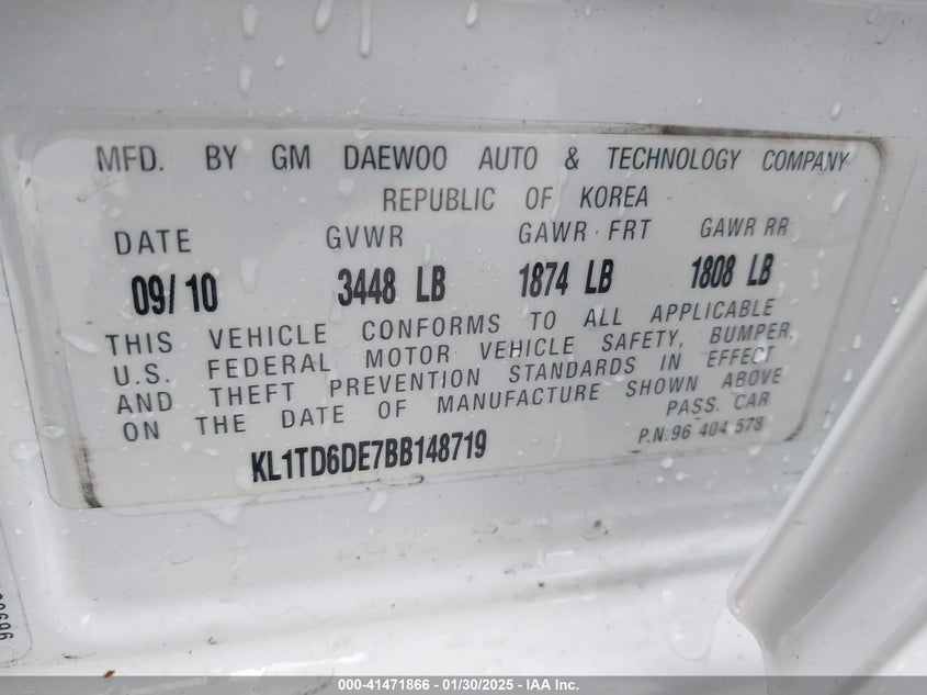 2011 CHEVROLET AVEO VIN: KL1TD6DE7BB148719