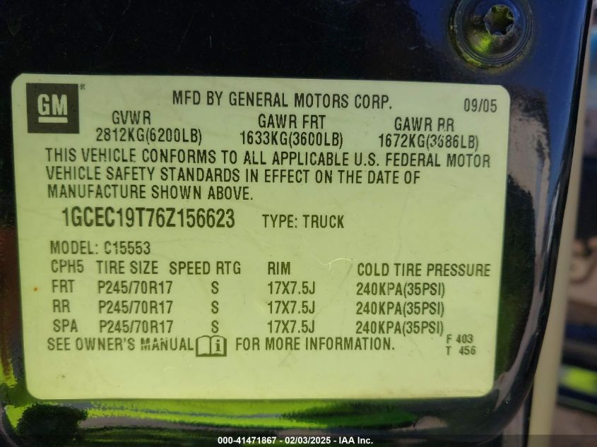 2006 Chevrolet Silverado 1500 Lt1 VIN: 1GCEC19T76Z156623 Lot: 41471867