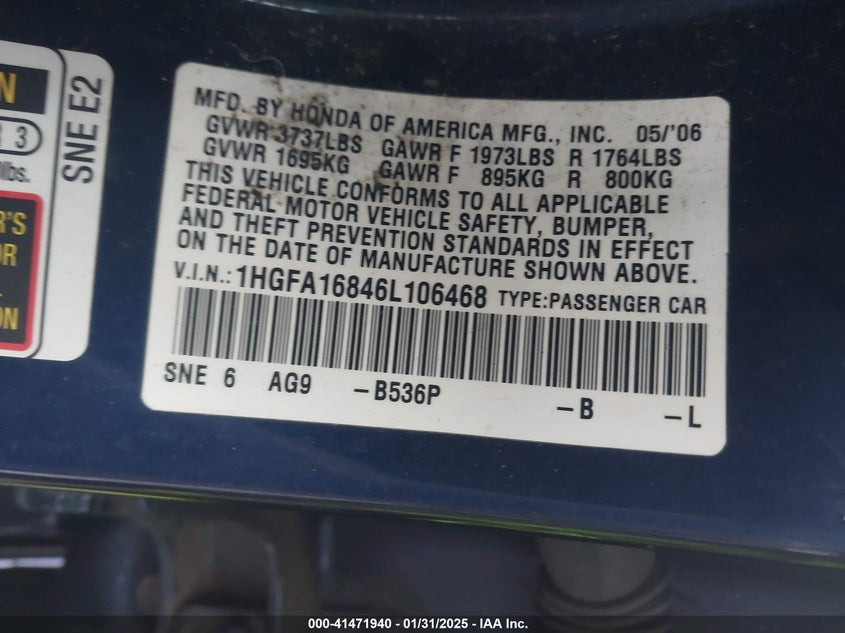 2006 HONDA CIVIC VIN: 1HGFA16846L106468
