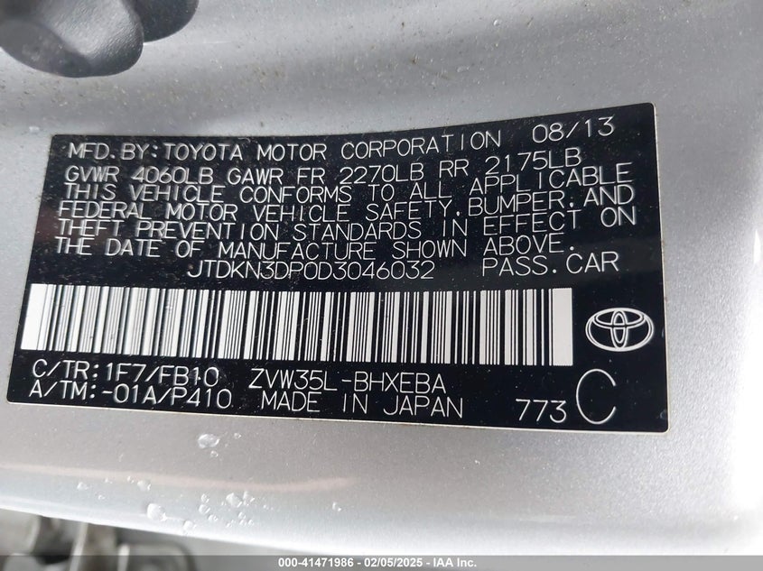 2013 TOYOTA PRIUS PLUG-IN VIN: JTDKN3DP0D3046032
