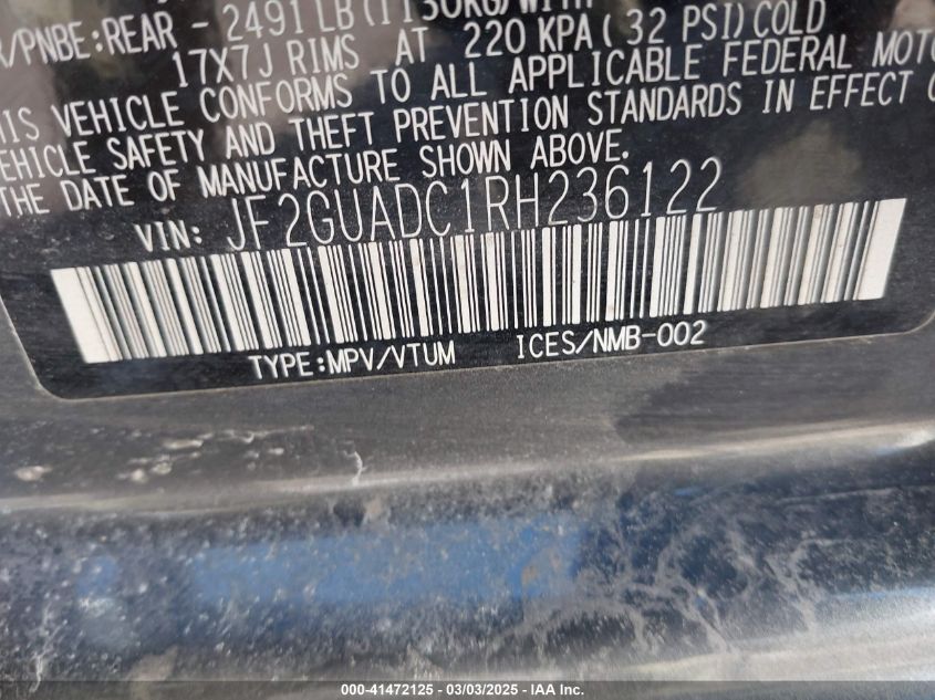 2024 Subaru Crosstrek Premium VIN: JF2GUADC1RH236122 Lot: 41472125