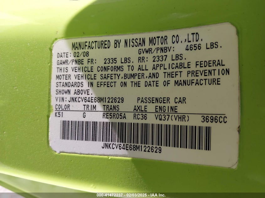 2008 INFINITI G37 VIN: JNKCV64E68M122629
