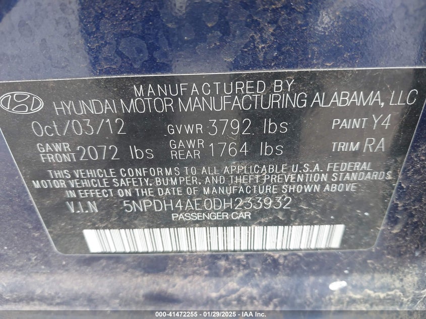 2013 Hyundai Elantra Gls VIN: 5NPDH4AE0DH233932 Lot: 41472255