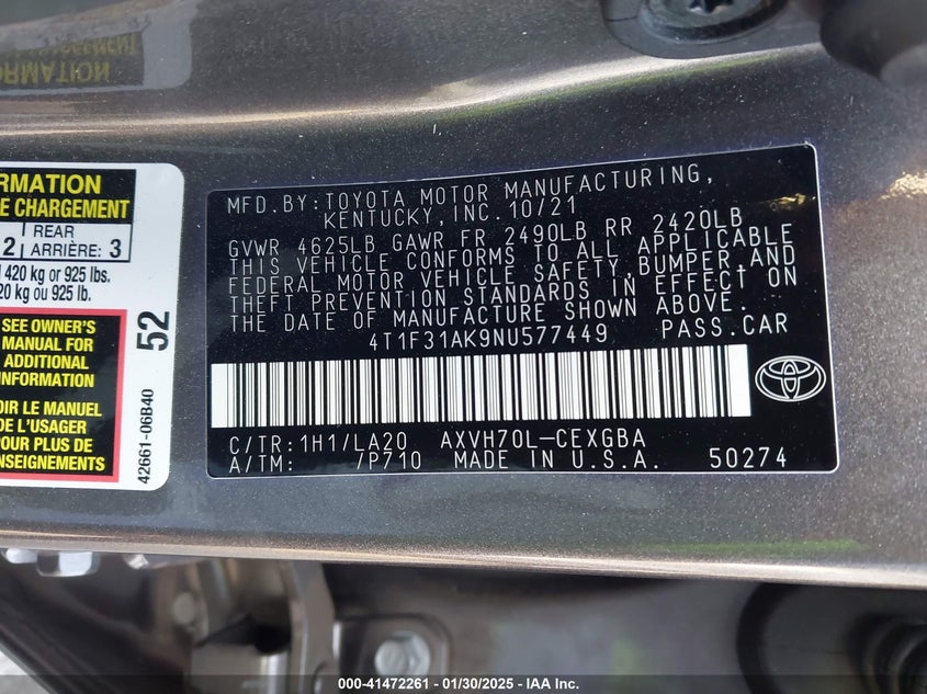 2022 TOYOTA CAMRY VIN: 4T1F31AK9NU577449