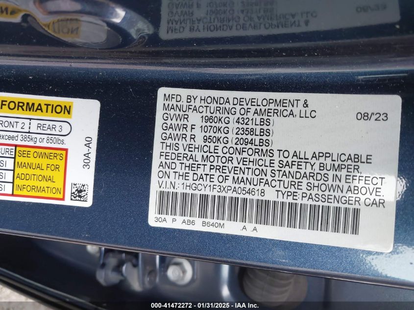 2023 Honda Accord Ex VIN: 1HGCY1F3XPA054618 Lot: 41472272