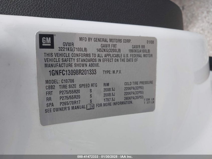 2008 Chevrolet Tahoe Lt VIN: 1GNFC13098R201333 Lot: 41472333