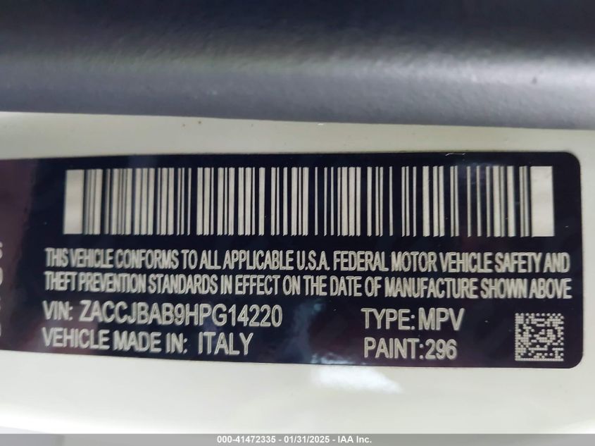 2017 Jeep Renegade Sport 4X4 VIN: ZACCJBAB9HPG14220 Lot: 41472335