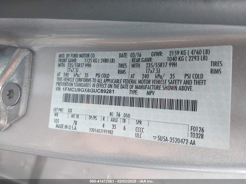 2016 FORD ESCAPE VIN: 1FMCU9GX8GUC89281