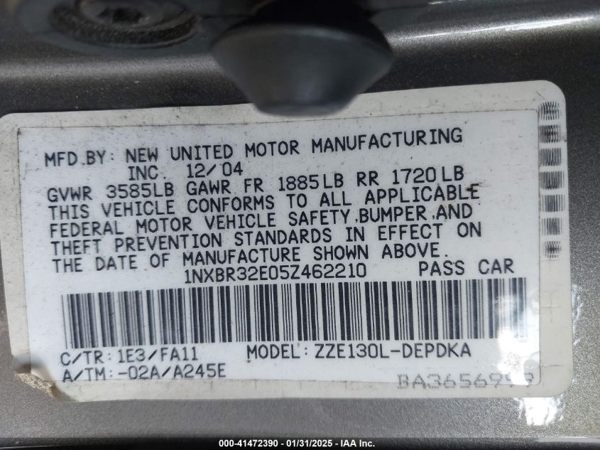 2005 Toyota Corolla Ce VIN: 1NXBR32E05Z462210 Lot: 41472390