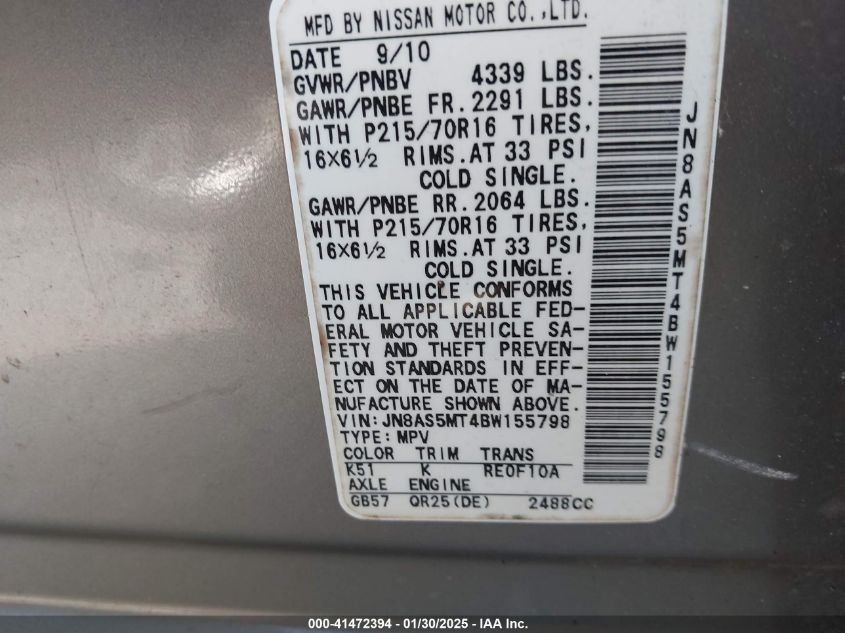 2011 Nissan Rogue S VIN: JN8AS5MT4BW155798 Lot: 41472394