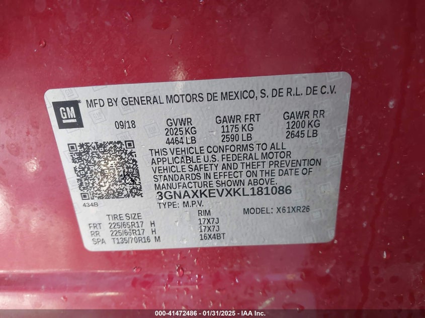 2019 CHEVROLET EQUINOX VIN: 3GNAXKEVXKL181086