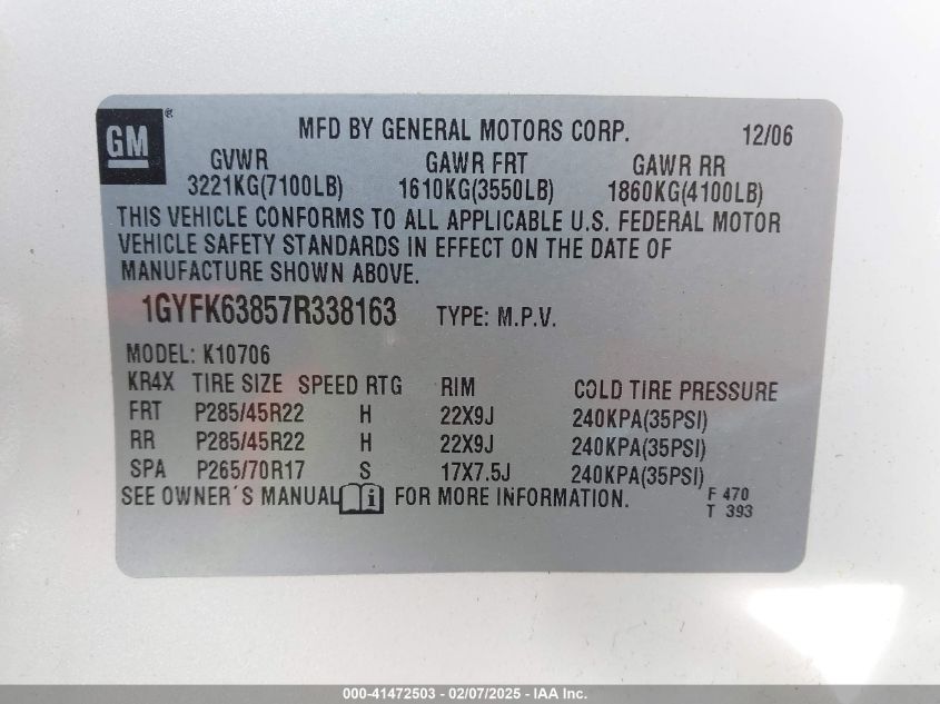 2007 Cadillac Escalade Standard VIN: 1GYFK63857R338163 Lot: 41472503