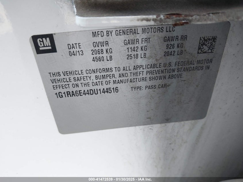 2013 CHEVROLET VOLT VIN: 1G1RA6E44DU144516