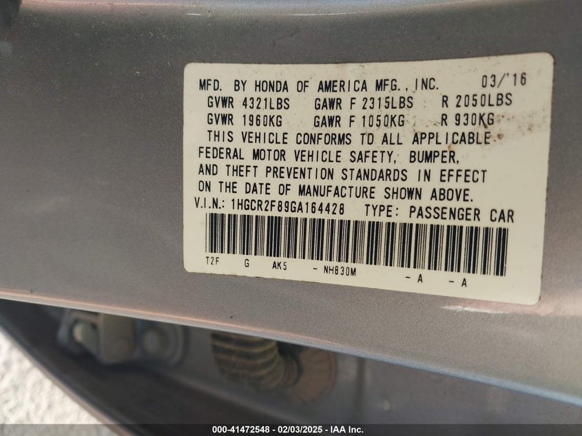 2016 HONDA ACCORD VIN: 1HGCR2F89GA164428