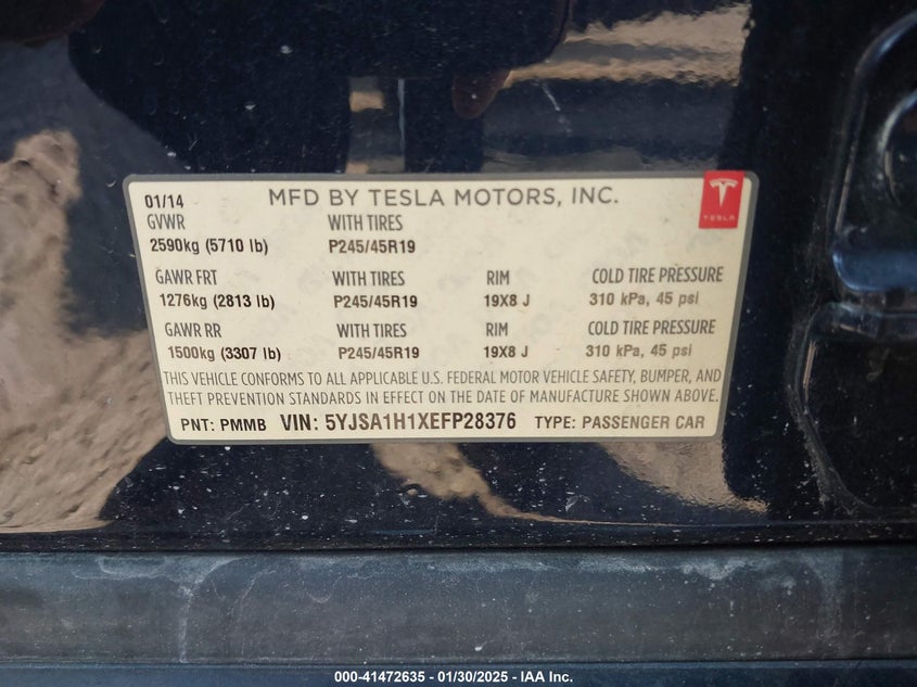2014 TESLA MODEL S VIN: 5YJSA1H1XEFP28376