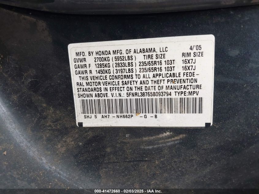 2005 Honda Odyssey Ex-L VIN: 5FNRL38765B093794 Lot: 41472660