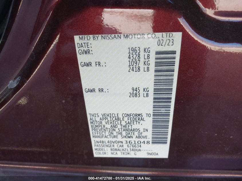 2023 NISSAN ALTIMA VIN: 1N4BL4DV0PN361048