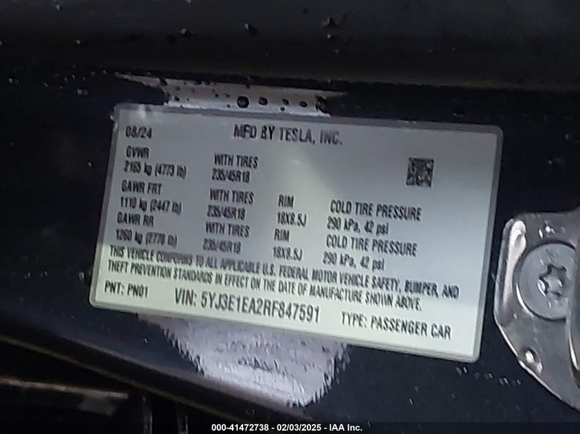 2024 TESLA MODEL 3 VIN: 5YJ3E1EA2RF847591