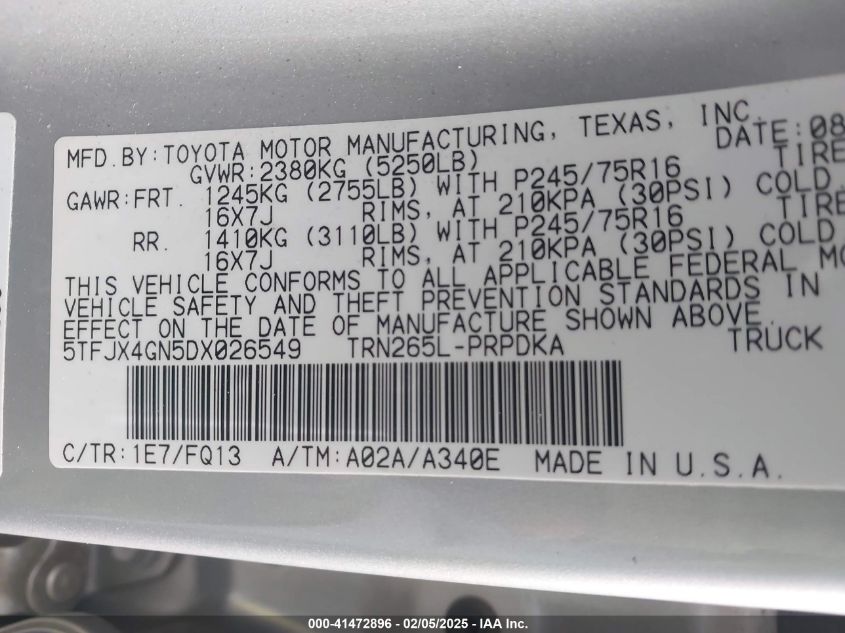 2013 Toyota Tacoma Prerunner VIN: 5TFJX4GN5DX026549 Lot: 41472896