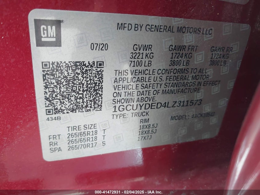 2020 CHEVROLET SILVERADO 1500 VIN: 1GCUYDED4LZ311573