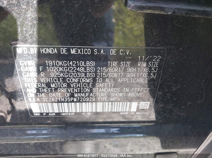 2023 HONDA HR-V VIN: 3CZRZ1H35PM720929