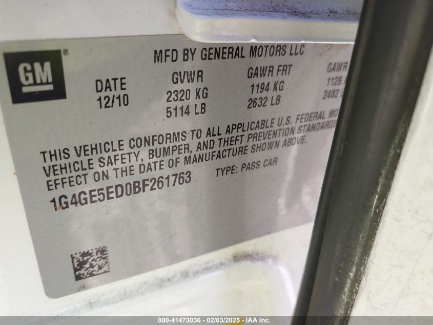 2011 Buick Lacrosse Cxs VIN: 1G4GE5ED0BF261763 Lot: 41473036