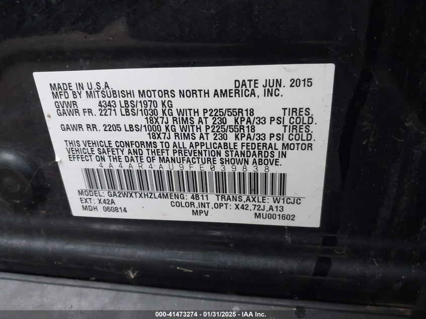 2015 MITSUBISHI OUTLANDER SPORT VIN: 4A4AR4AU9FE039838