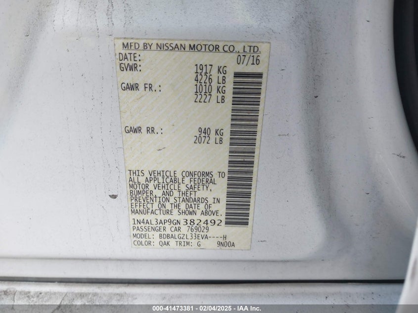 2016 NISSAN ALTIMA VIN: 1N4AL3AP9GN382492