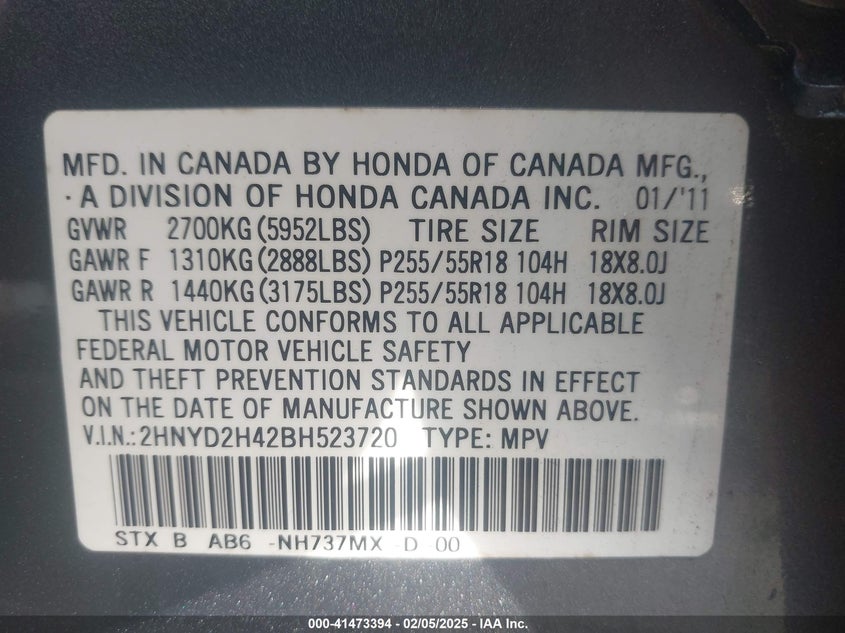 2011 ACURA MDX VIN: 2HNYD2H42BH523720