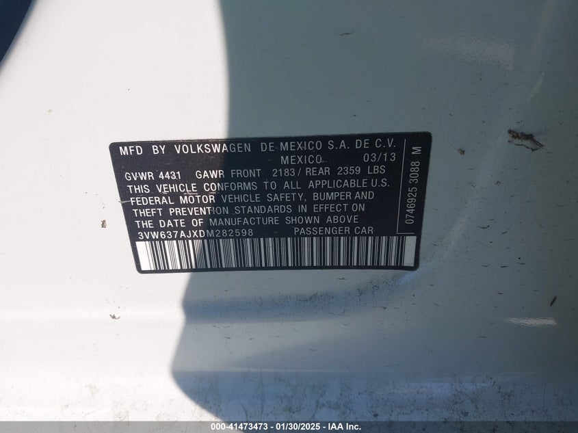 2013 VOLKSWAGEN JETTA HYBRID VIN: 3VW637AJXDM282598